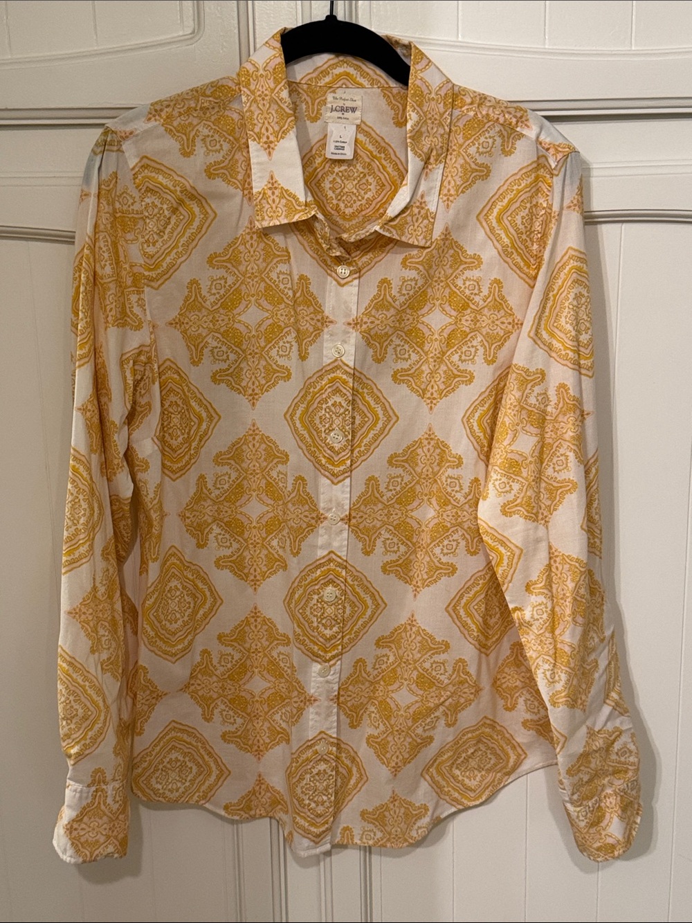 J. Crew Button-Down Shirt with Yellow and White Geometric Medallion Print